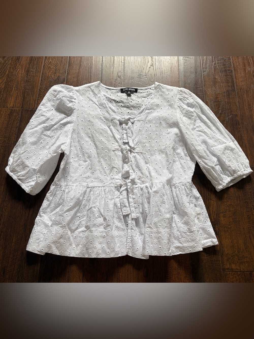 Steve Madden White Eyelet Tie-Front Peplum Top